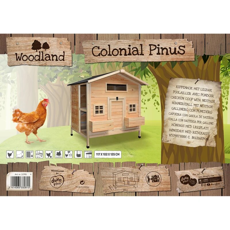 Kippenhok Woodland Colonial Pinus &ndash; Houten Kippenhok met Bloembakken voor 4 Kippen 117x102,5x125 cm
