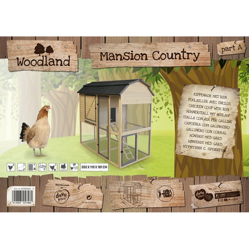 Kippenhok Woodland Mansion Country &ndash; Groot Houten Kippenhok met Ren voor 9 Kippen 202x110,5x181 cm