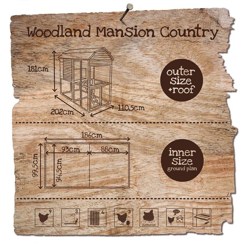 Kippenhok Woodland Mansion Country &ndash; Groot Houten Kippenhok met Ren voor 9 Kippen 202x110,5x181 cm
