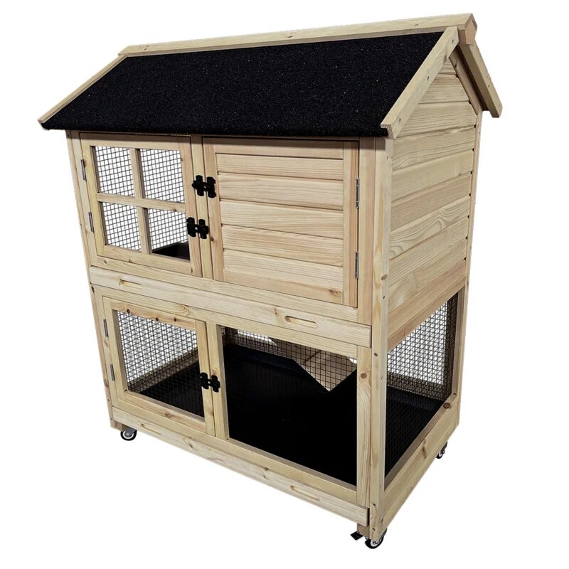 Konijnenhok Duvo+ Woodland Flappy Pinus Verrijdbaar &ndash; Konijnenhok met 2 Verdiepingen, Ren &amp; Nachthok 98x65x113 cm