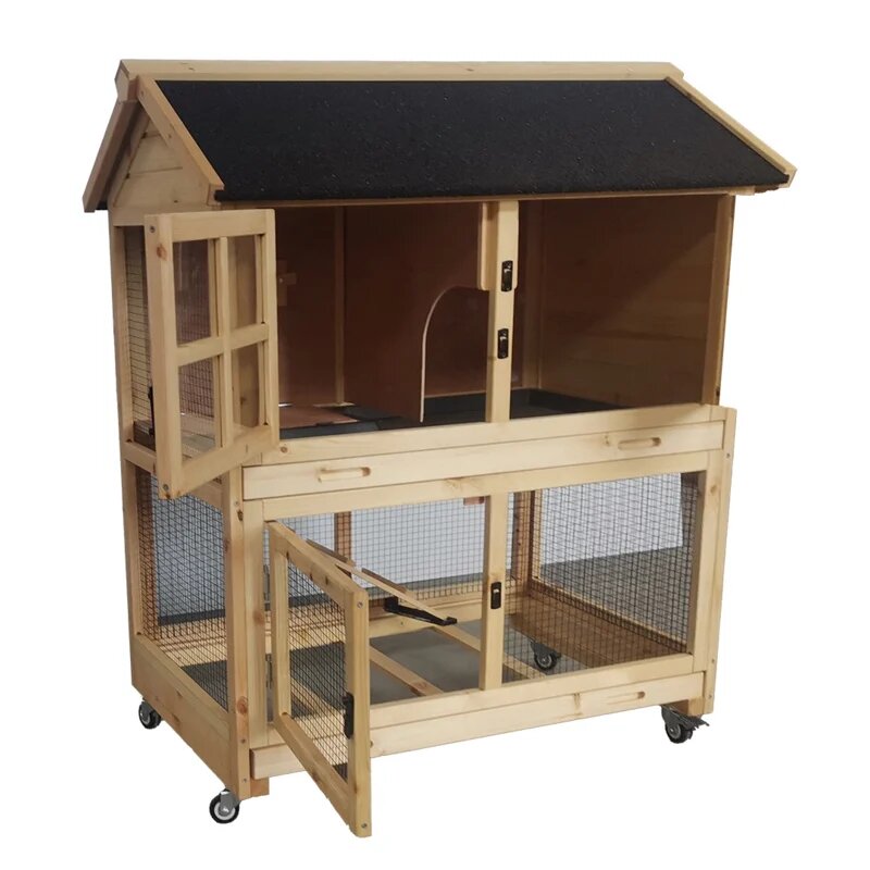Konijnenhok Duvo+ Woodland Flappy Pinus Verrijdbaar &ndash; Konijnenhok met 2 Verdiepingen, Ren &amp; Nachthok 98x65x113 cm