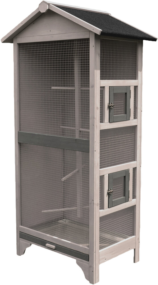 Voli&egrave;re Flamingo Cottage Nevada Grijs &ndash; Houten Binnen- &amp; Buitenvoli&egrave;re met Bitumen Dak 78x57x157,5 cm