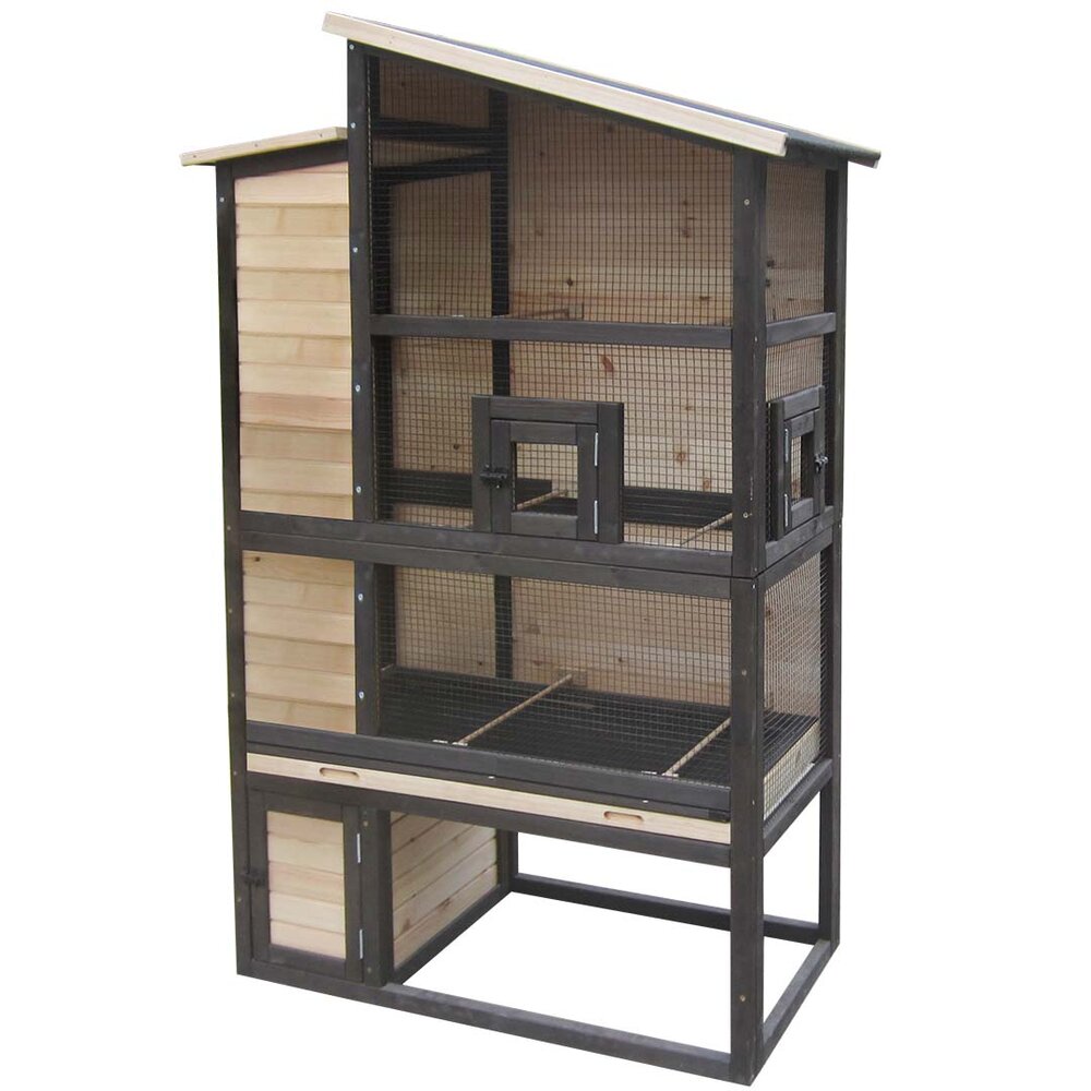 Voli&egrave;re Woodland Chirpy Court Houtkleurig &ndash; Houten Buitenvoli&egrave;re met Vogelkastje &amp; Beschutte Zone voor 6 Vogels 110x56x175 cm