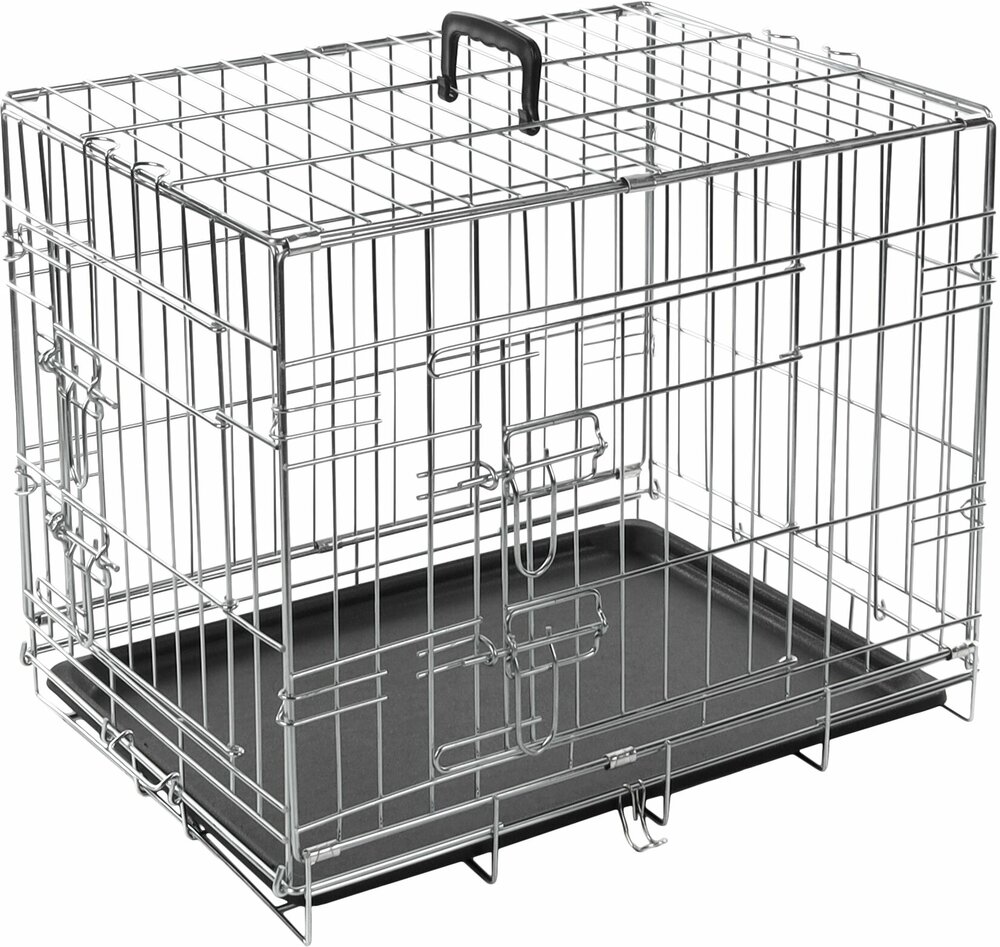 Hondenbench Flamingo Keo Zilver Maat S &ndash; Opvouwbare Gegalvaniseerde Draadbench met 2 Deuren &amp; Handvat 63x43x49 cm