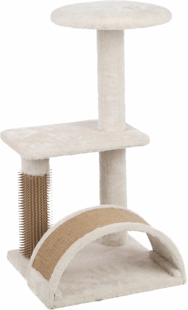 Krabpaal Flamingo Sora Beige/Naturel &ndash; Compacte Krabpaal met Jute Krabmat, Ligplateaus &amp; Rubberen Massageborstel 36,5x35x65 cm