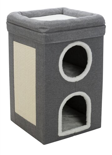 Krabpaal Trixie Cat Tower Saul Grijs &ndash; Vierkante Krabton met 2 Schuilplaatsen, Relax-mand &amp; Afneembare Bovenkant 39x39x64 cm