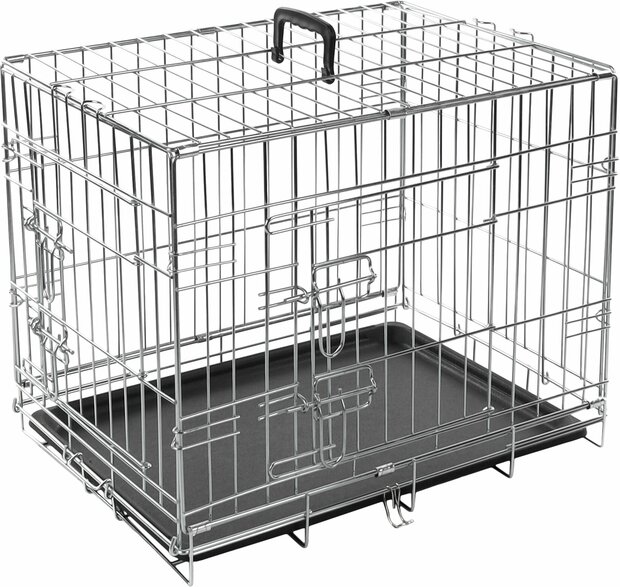 Hondenbench Flamingo Keo Zilver Maat S &ndash; Opvouwbare Gegalvaniseerde Draadbench met 2 Deuren &amp; Handvat 63x43x49 cm