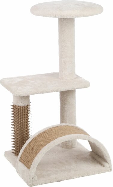 Krabpaal Flamingo Sora Beige/Naturel &ndash; Compacte Krabpaal met Jute Krabmat, Ligplateaus &amp; Rubberen Massageborstel 36,5x35x65 cm